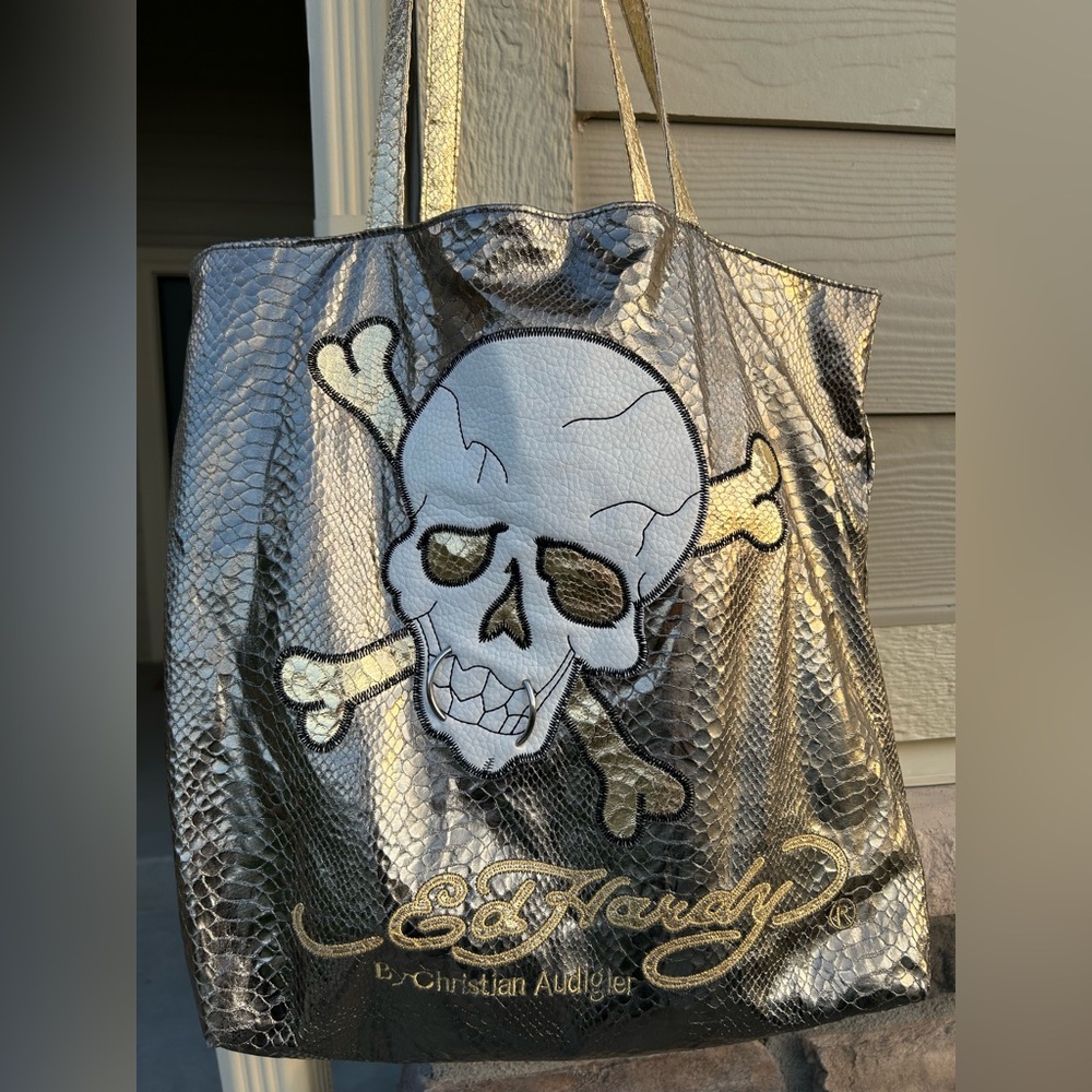 RARE! Y2K ED HARDY By Christian Audigier Gold Metallic SKULL Faux Snake Tote Bag